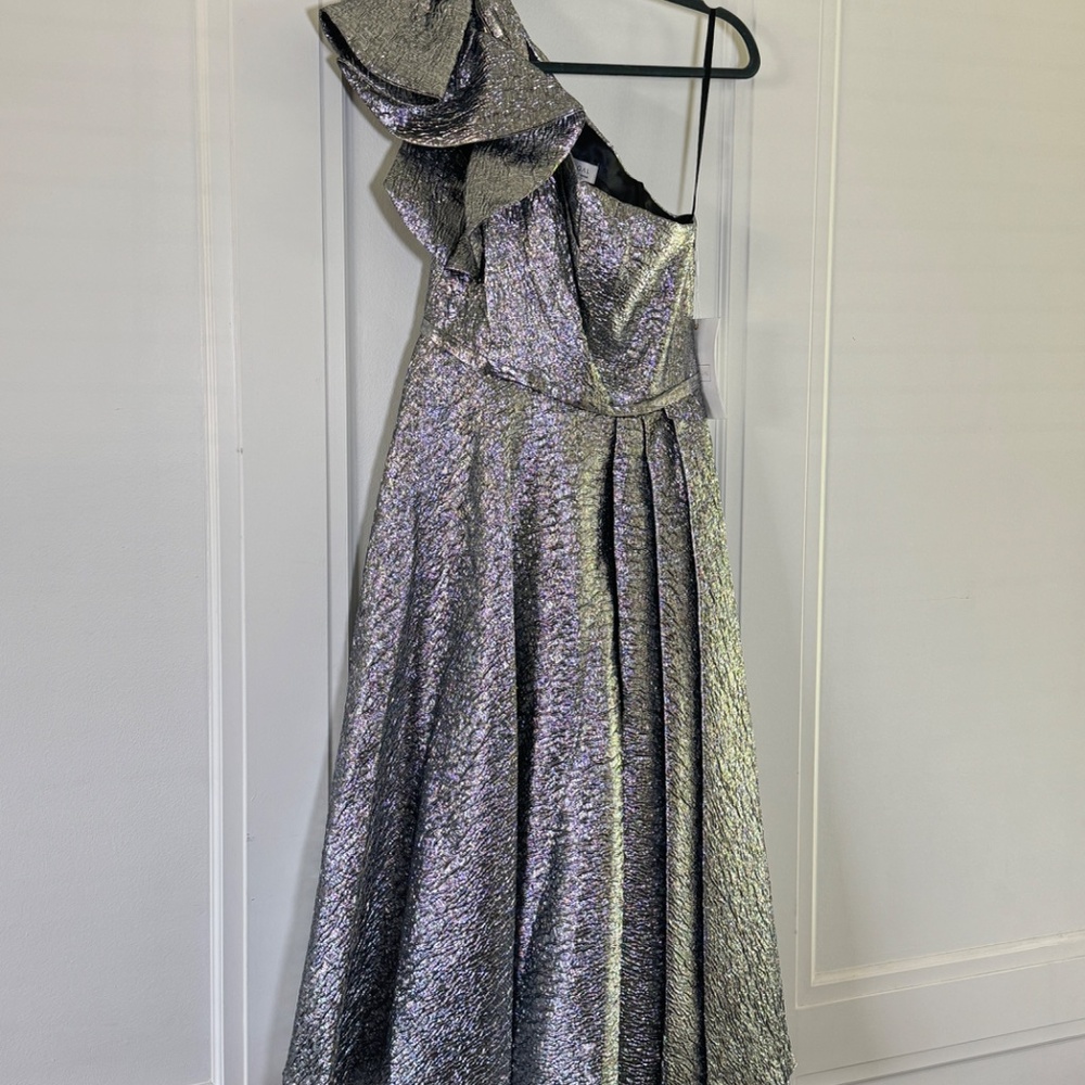 Mac Duggal Style #67906 One Shoulder Bow Midi Dress Brocade Metallic Silver - Picture 5 of 13